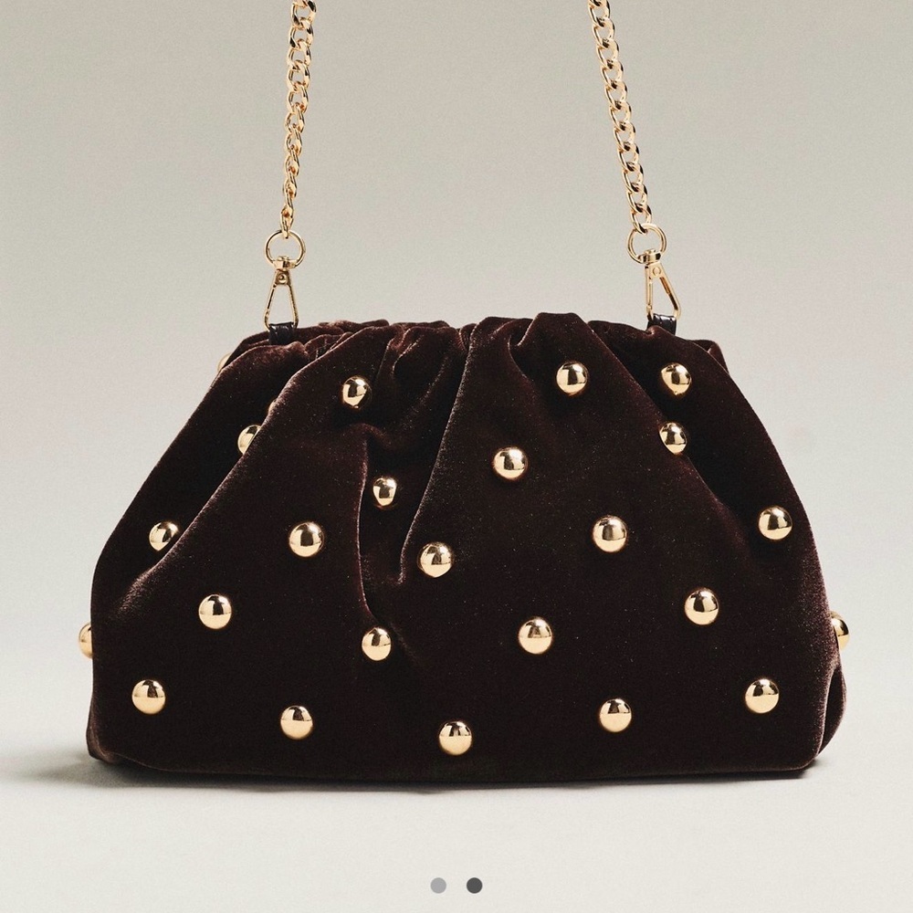 NWT new Anthropologie studded Velvet Clutch brown gold Gold crossbody purse bag - Picture 15 of 15